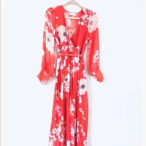 Pink Lily Floral Coral Maxi with Tie Belt - Small